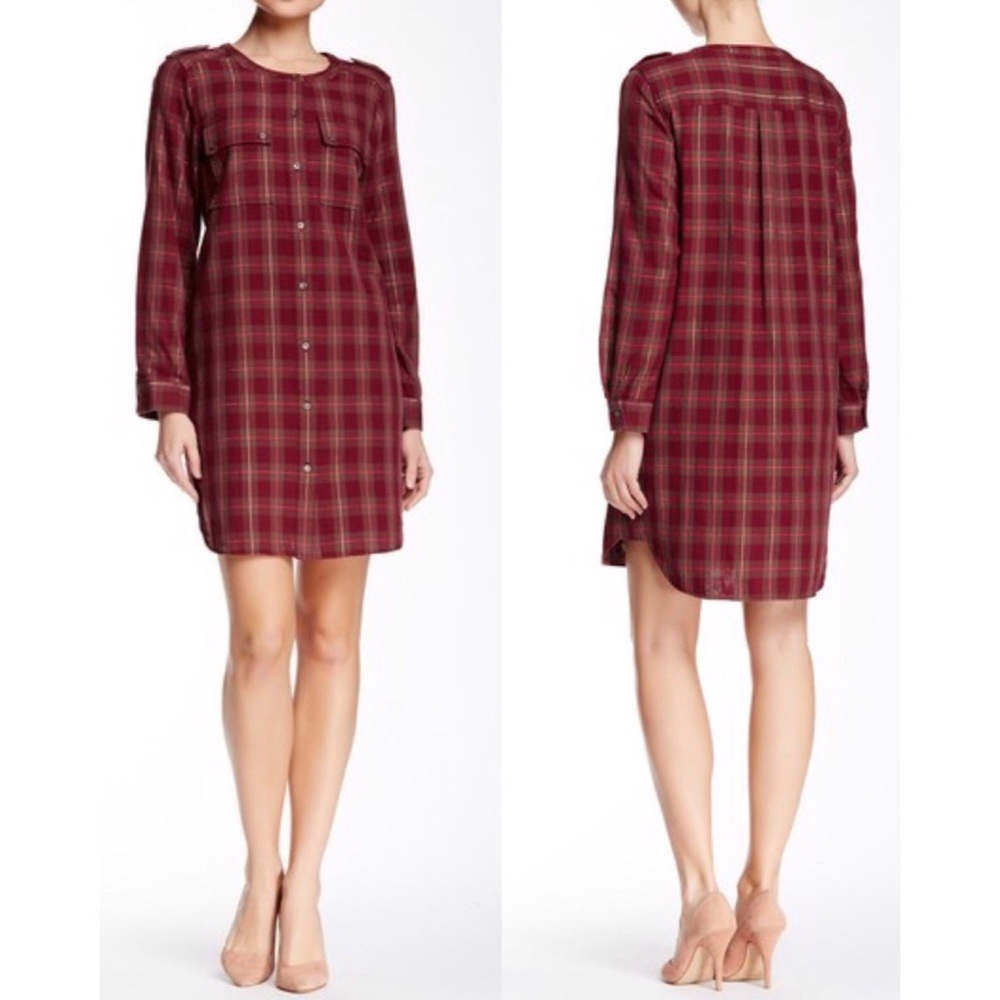Two by Vince Camuto Plaid Collarless Shirt Dress